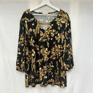 Joie De Vivre floral Blouse Women's 2X black & gold W/ gold chain Leaves Stretch